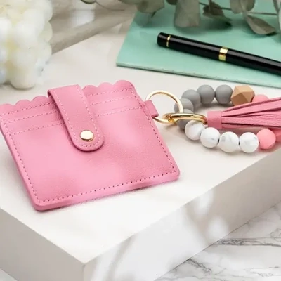 Leather Keychain Wallet with Wristlet Bangle Bracelet - Pink