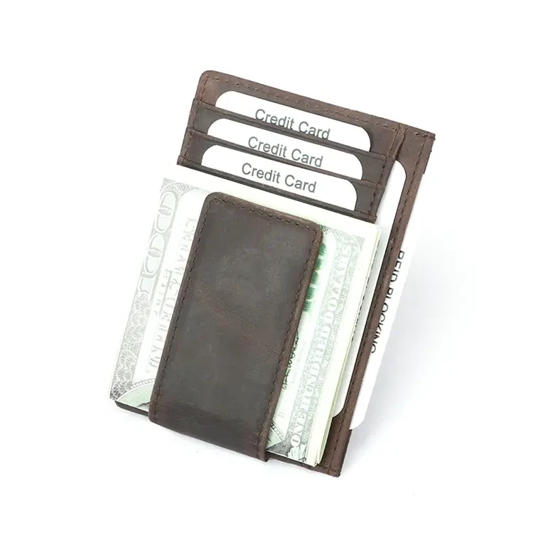 Leather Wallet with Magnet Clip - Dark Brown