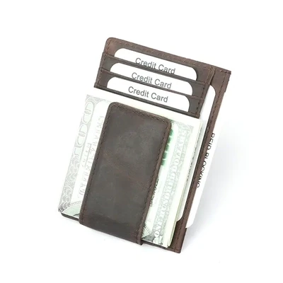 Leather Wallet with Magnet Clip - Dark Brown