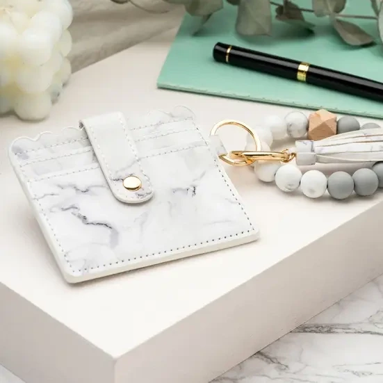 Leather Keychain Wallet with Wristlet Bangle Bracelet - White Marble
