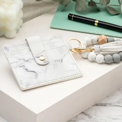 Leather Keychain Wallet with Wristlet Bangle Bracelet - White Marble