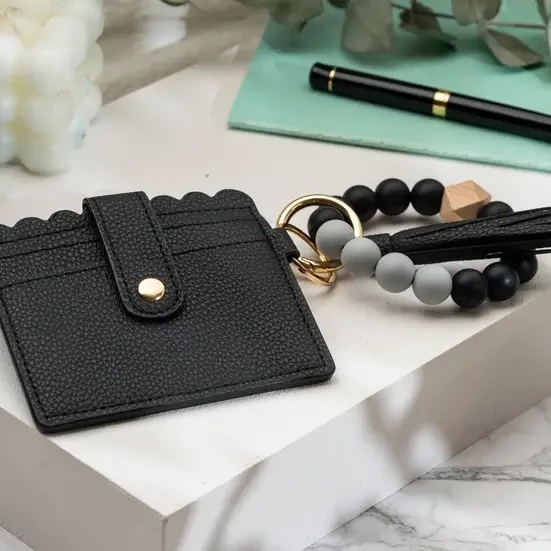 Leather Keychain Wallet with Wristlet Bangle Bracelet - Black