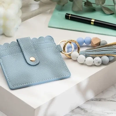 Leather Keychain Wallet with Wristlet Bangle Bracelet - Gray