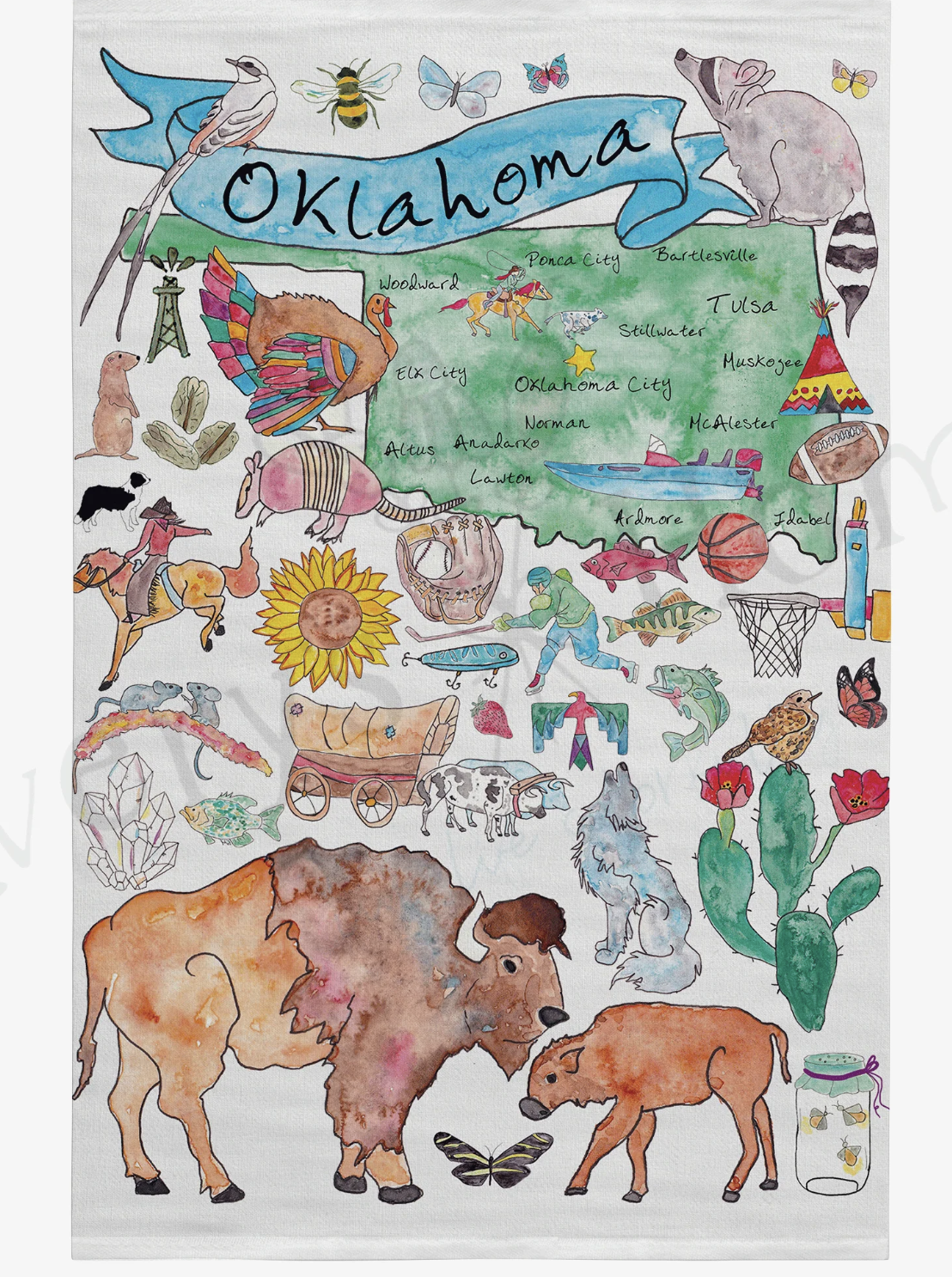 Oklahoma state map- tea towel