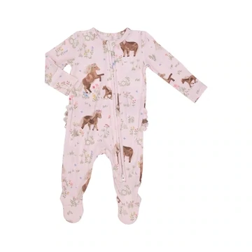 Watercolor Ponies 2 Way Zipper Ruffle Back Footie - NB