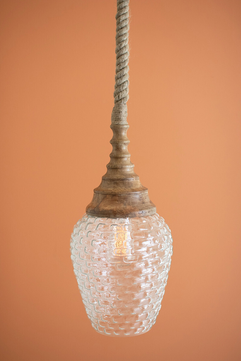 Glass &amp; Mango Wood Pendant Light w/ rope