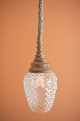 Glass &amp; Mango Wood Pendant Light w/ rope