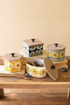 Floral Metal canisters with wooden lids