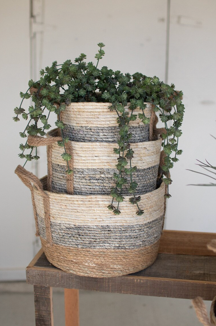 Small Grey Stripe Rush Basket 