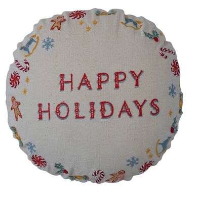 Embroidered Circle Happy Holidays Pillow