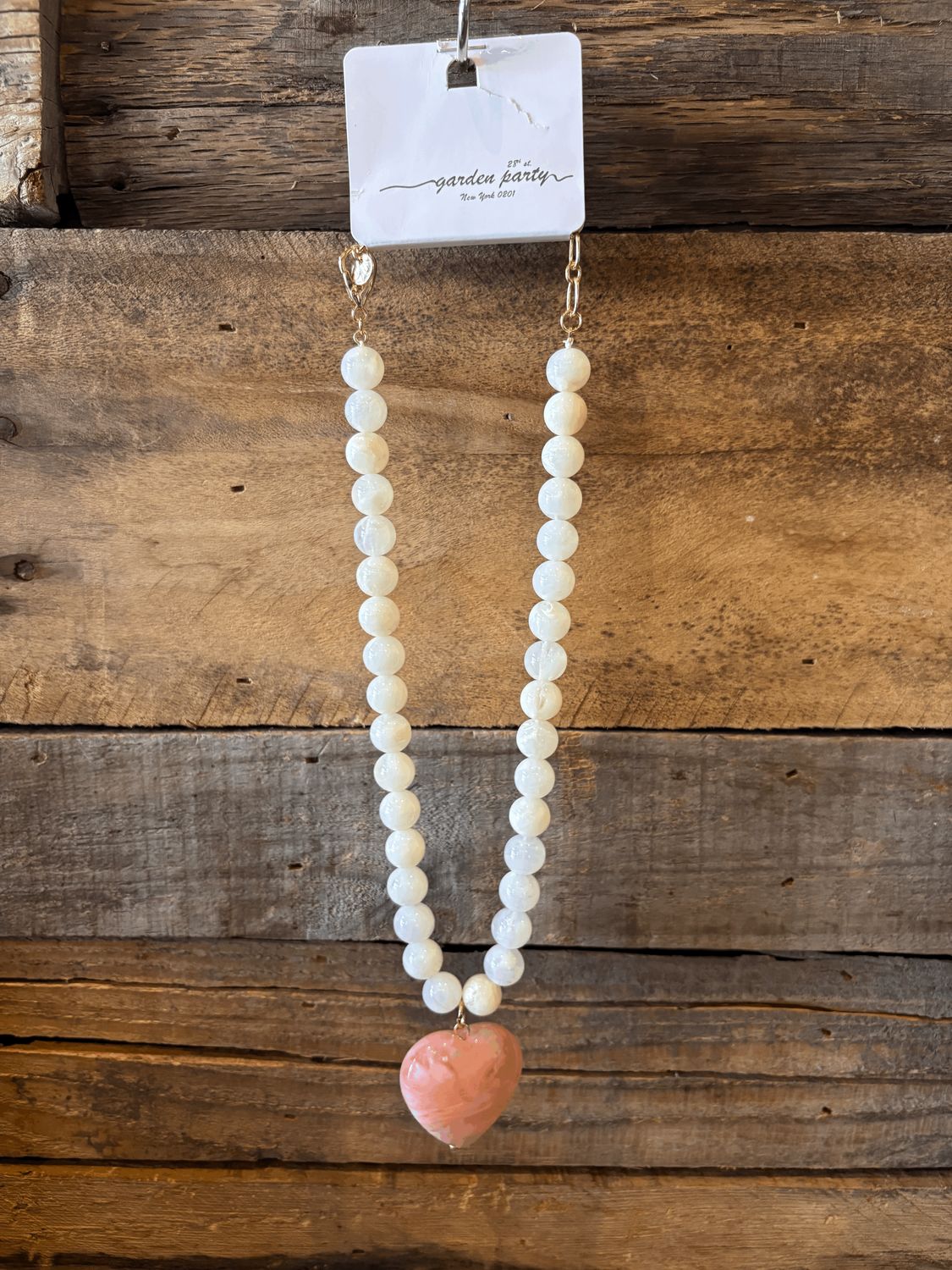 Pink Heart Necklace with White Beads