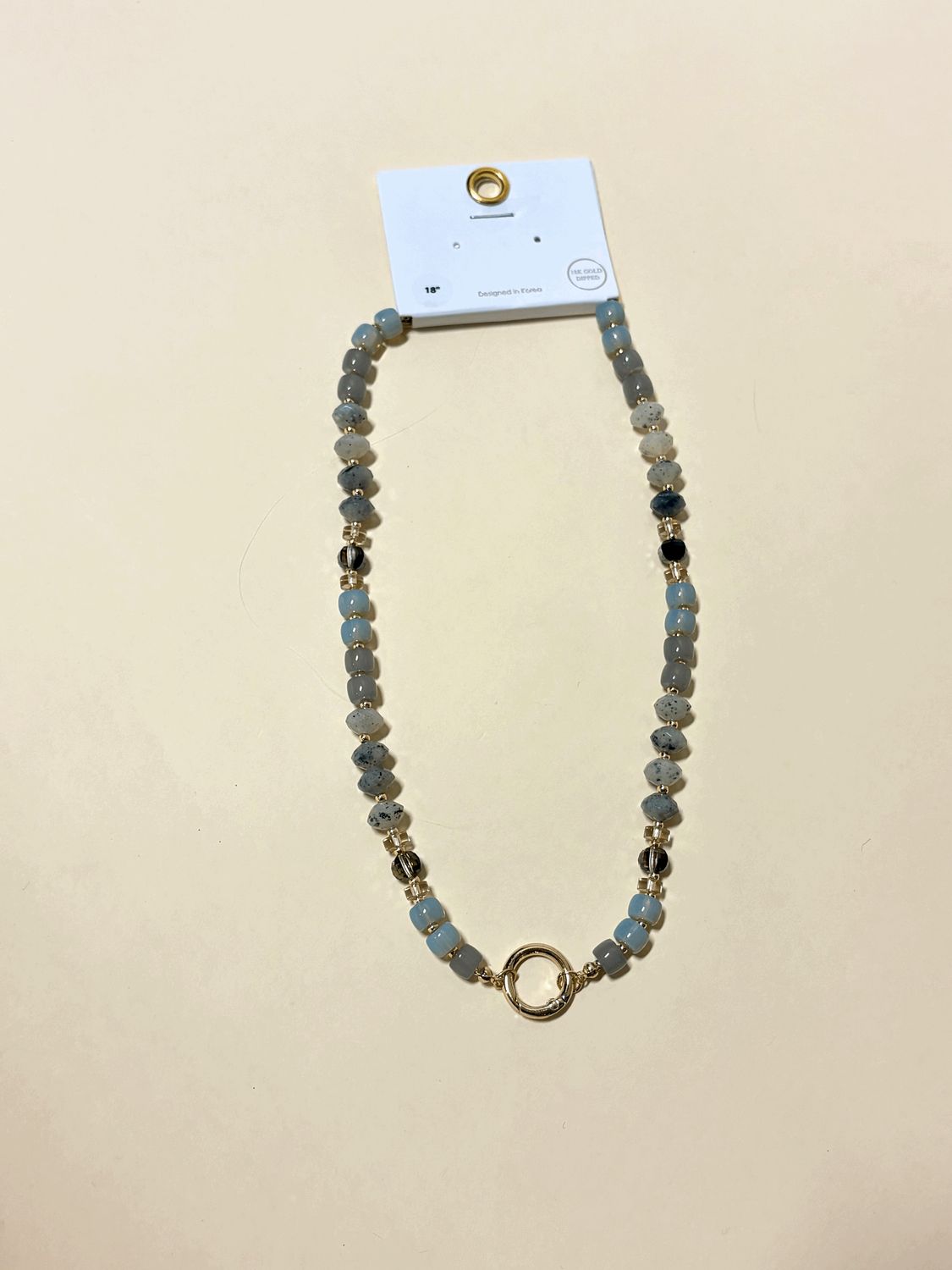 Grey Beaded Necklace with Gold Hoop