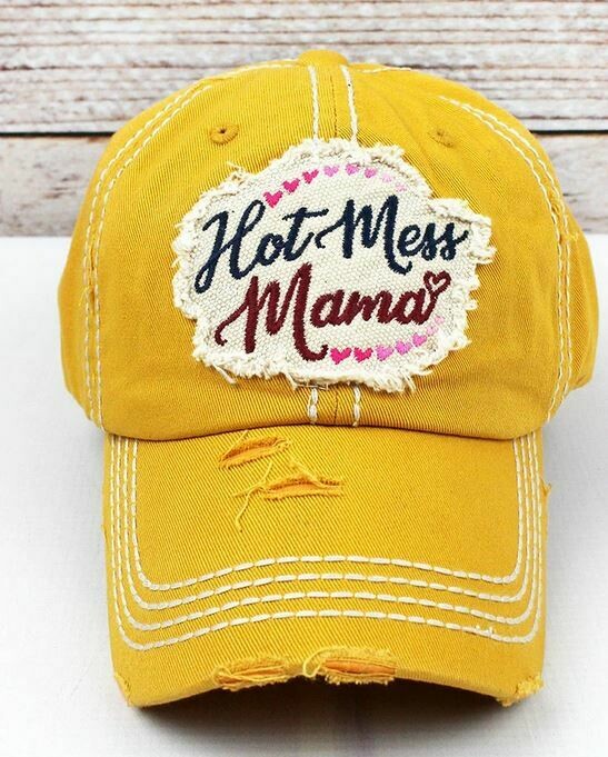 Distressed Yellow 'Hot Mess Mama' Cap