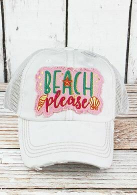Distressed White 'Beach Please' Mesh Cap