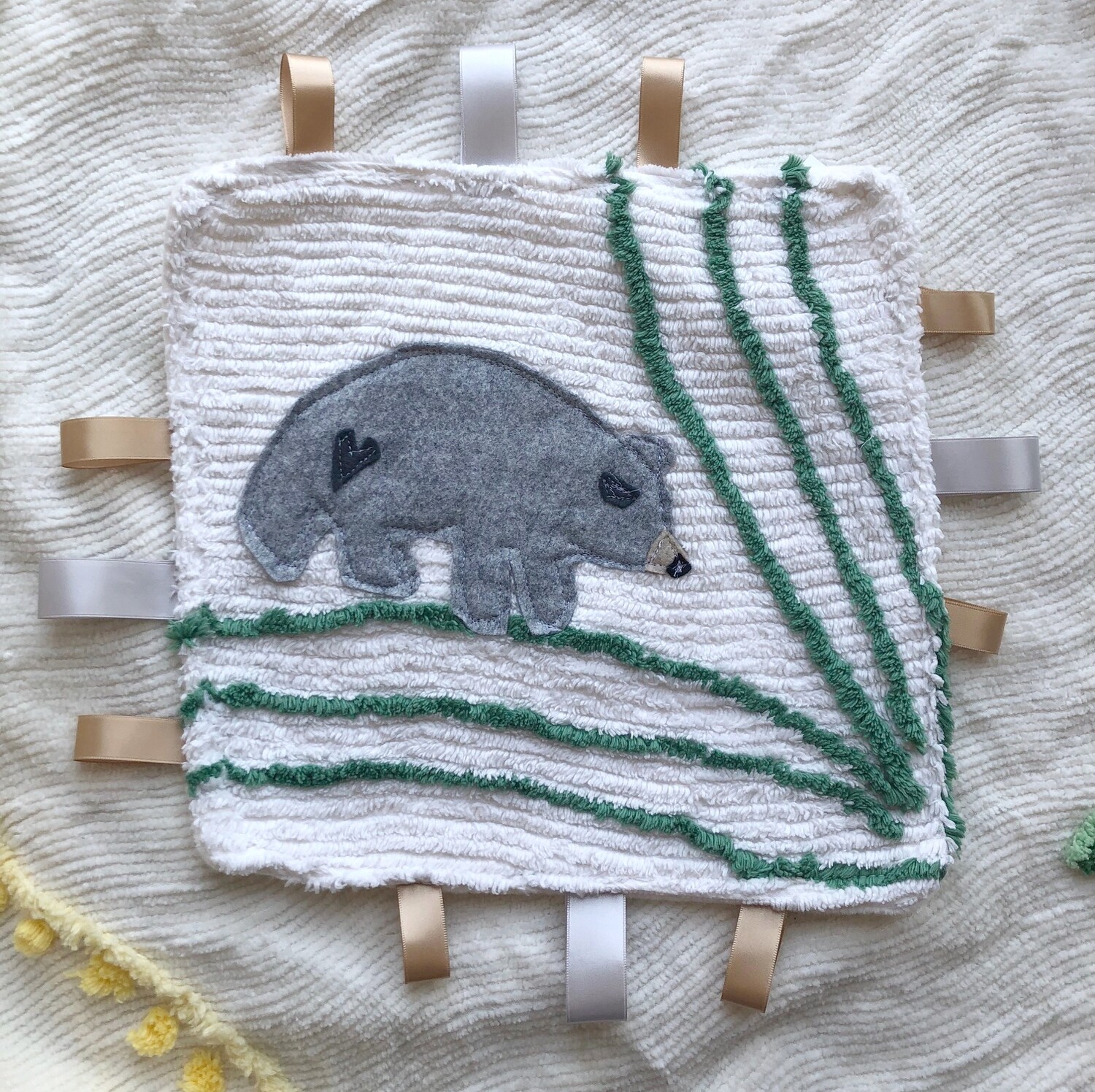 Moxie tag a long Grey Bear on Cream and Green Chenille