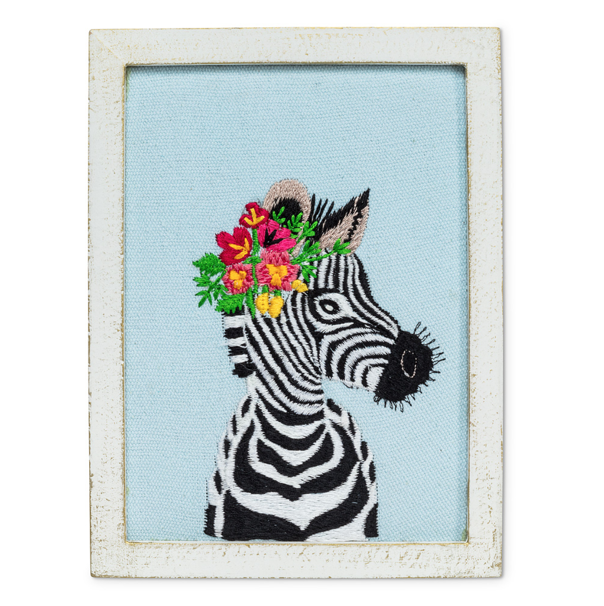 Zebra with Flowers Embroidered Wall Art