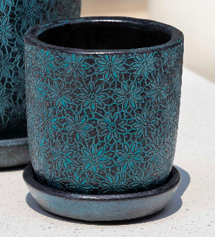 Small Marguerite Small Round Planter - Etched Blue