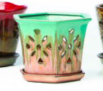 Orchid Pot w/ Attached Saucer Copper Blue