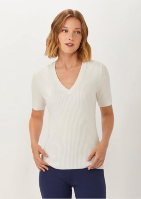 Ecru Traveling Rib V Neck Tee White Ecru Traveling Rib V Neck Tee White
