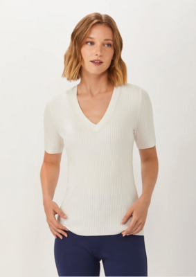 Ecru Traveling Rib V Neck Tee White