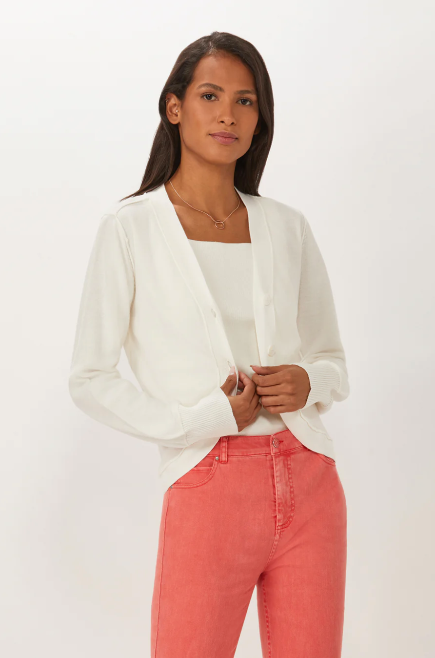 Ecru Curved Placket Cardi - White
