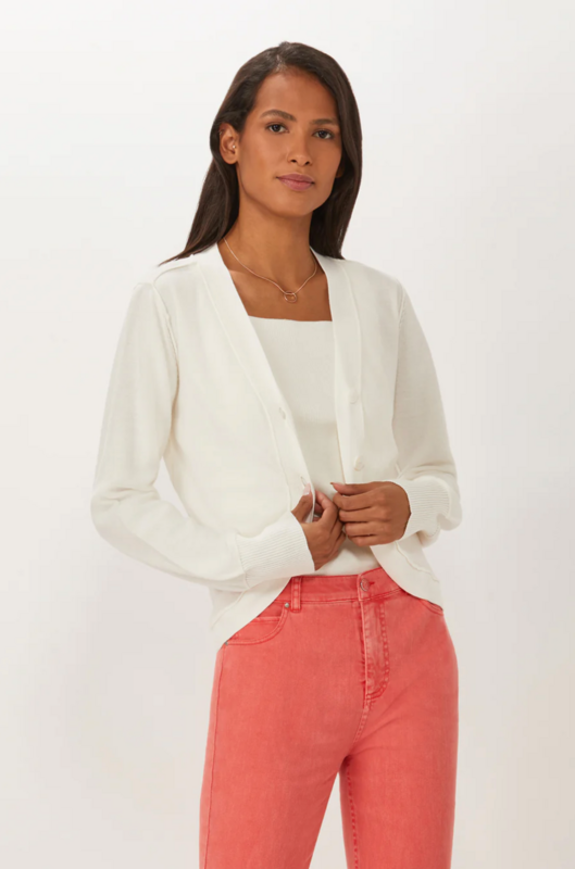 Ecru Curved Placket Cardi - White