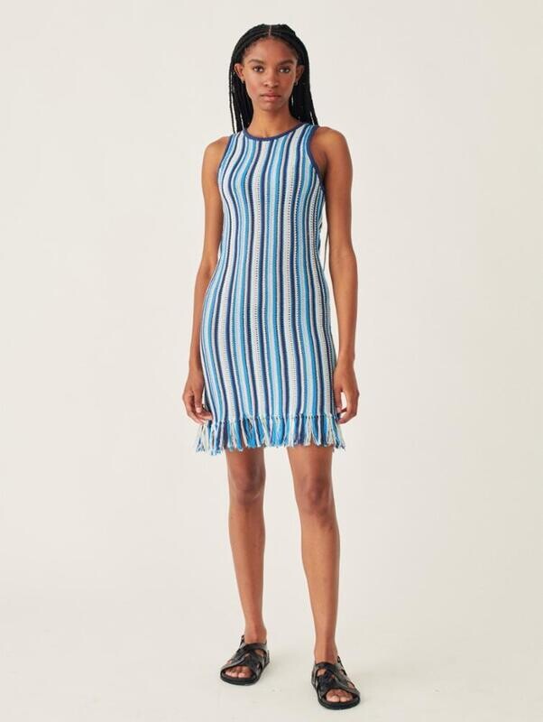 White + Warren Cotton Fringe Dress Blue Combo