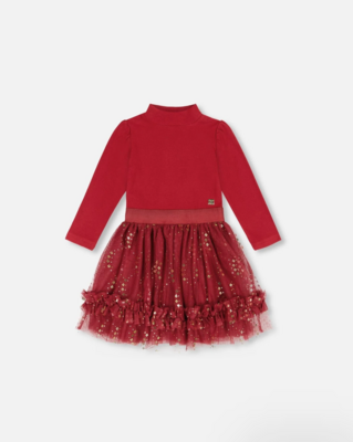Deux Par Deux L/S  Dress w/ Tulle Skirt Rumba Red