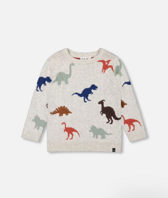 Deux Par Deux Intersia Sweater With Dinosaurs