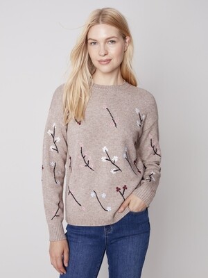 Charlie B Crew-neck Sweater With Flowers Almond