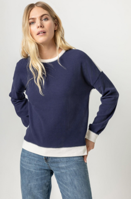 Lilla P Two-Toned Waffle Sweatshirt: Navy/Ecru 