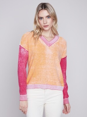 Charlie B Reverse Print Colorblock Sweater Tangeri