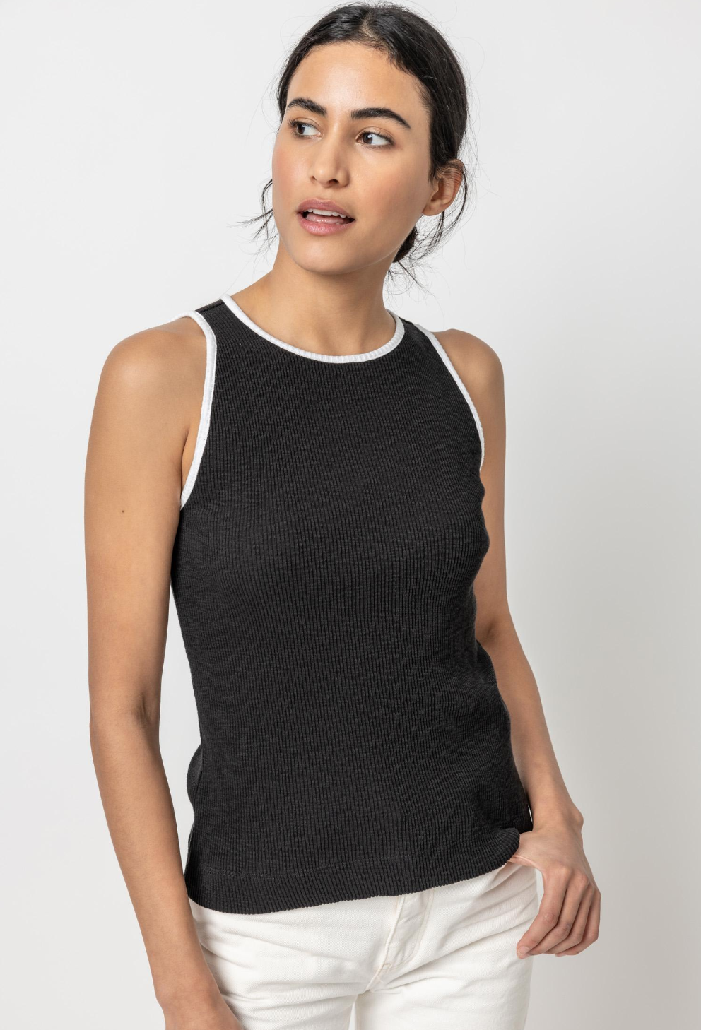 Lilla P Contrast Binding Crewneck Tank -Black