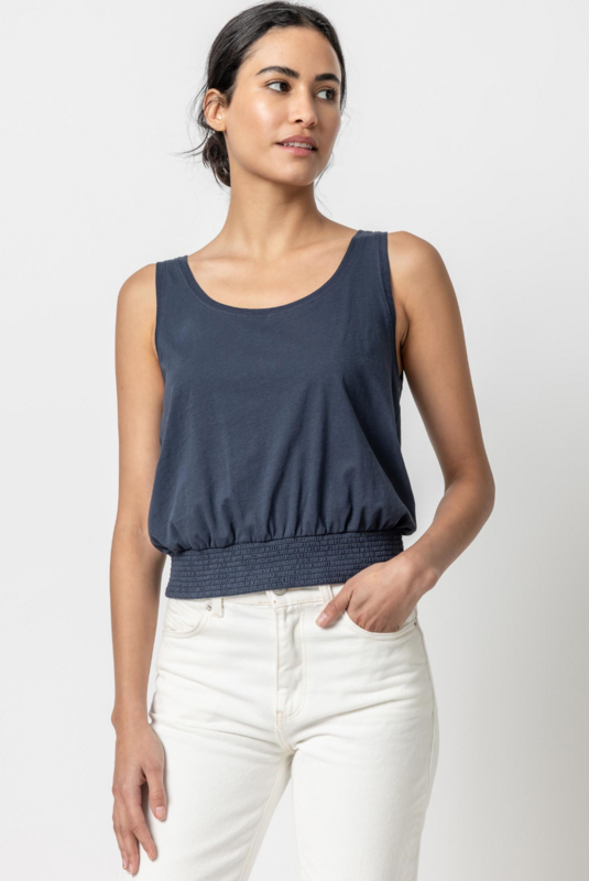 Lilla P Smocked Hem Tank- Navy