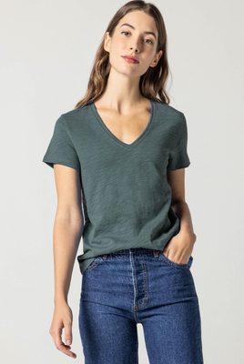 Lilla P V-Neck S/S Back Seam Tee - Evergreen