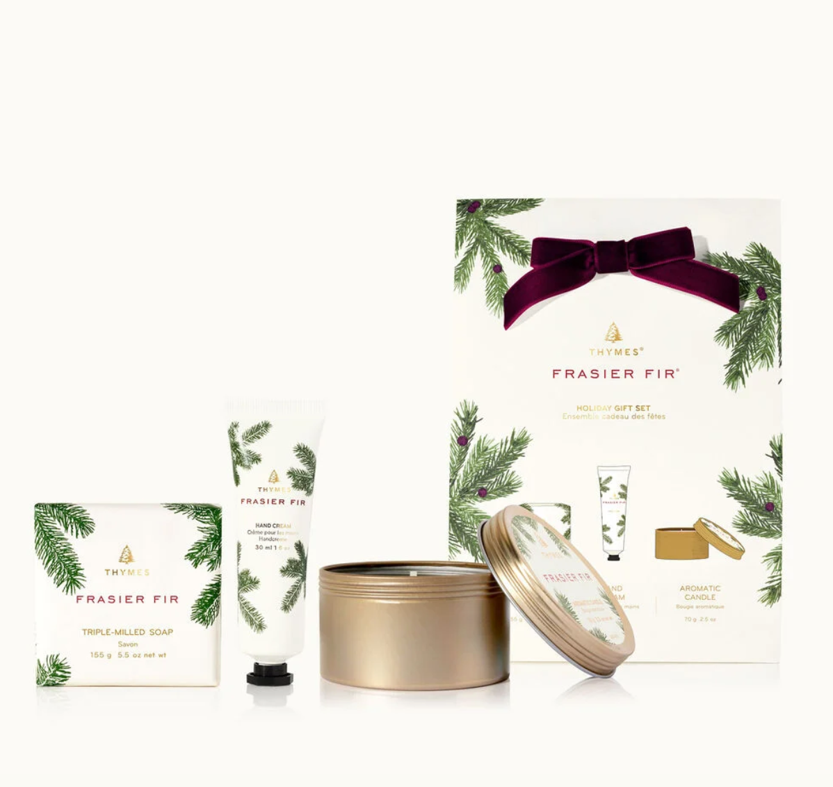 Thymes Frasier Fir Holiday Gift Set - Hand Cream, Travel Tin, and Bar Soap