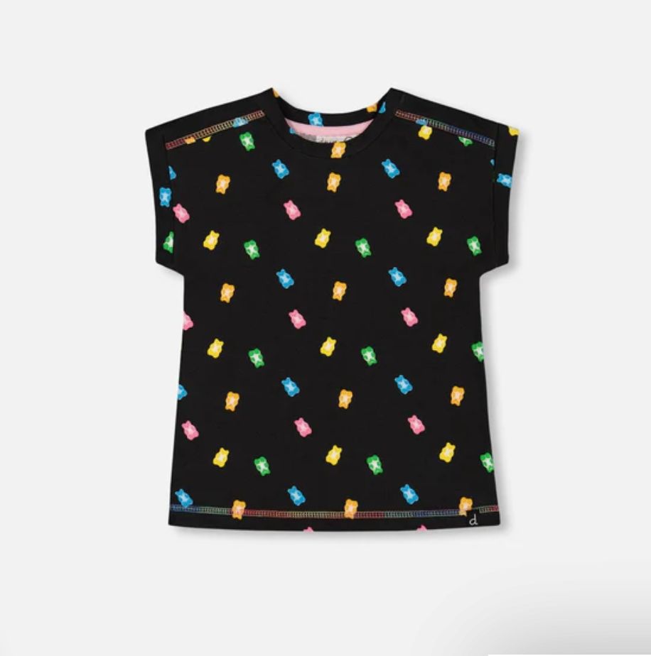 Deux Par Deux Black Rolled Sleeve Tee with Gummies