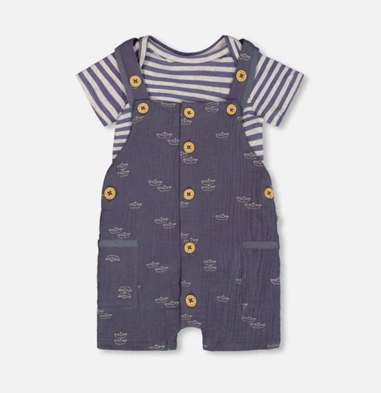 Deux Par Deux Muslin Shortall Set Navy Blue Paper Boats