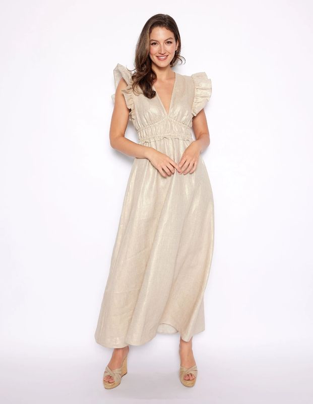 Sail to Sable Gold V-Neck Flutter Sleeve Maxi Dress