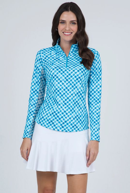 Ibkul Long Sleeve Mock Neck Gingham Check Turq/White