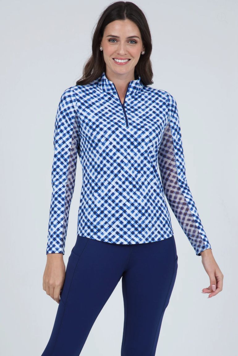 Ibkul Long Sleeve Mock Neck Gingham Check Navy/White