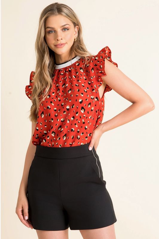 THML Leopard Print Flutter Sleeve Top