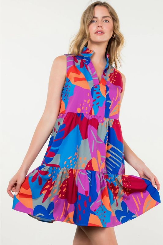 THML Ruffled Collar Sleeveless Tiered Dress
