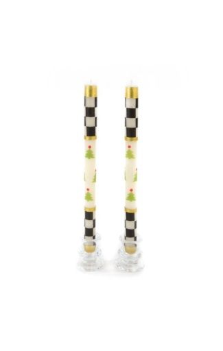 Mackenzie Christmas Tree Dinner Candles Check Bands Set of 2