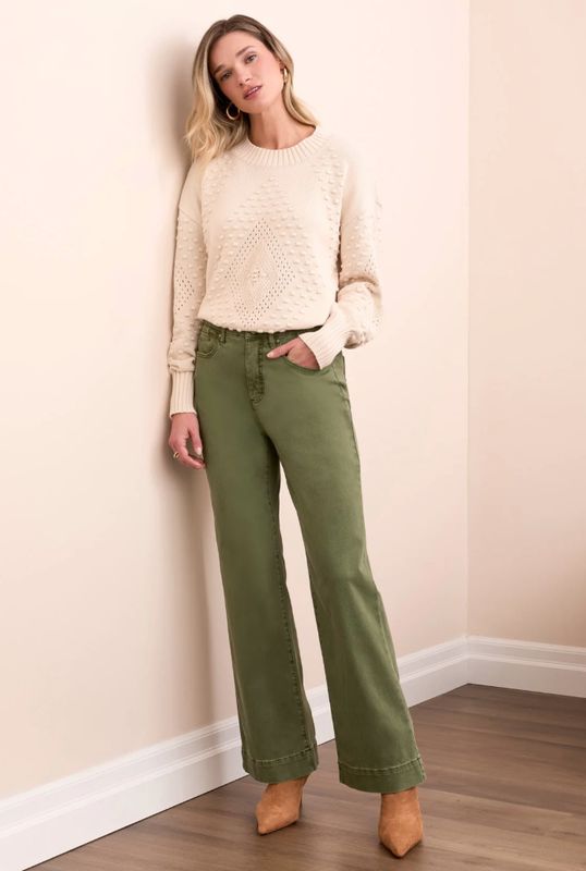 Tribal Stretch Fly Front Wide Leg Pant -Chive