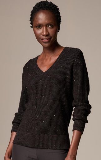 Nic + Zoe Shimmer Waffle V-Neck Sweater Black