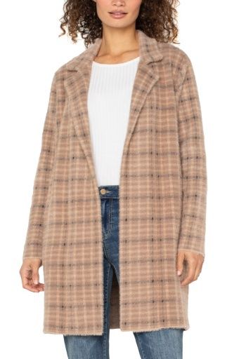 Liverpool Open Front Sweater Coat Camel Plaid