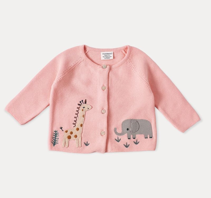 Animal Safari Embroidered Baby Cardigan Sweater - Pink