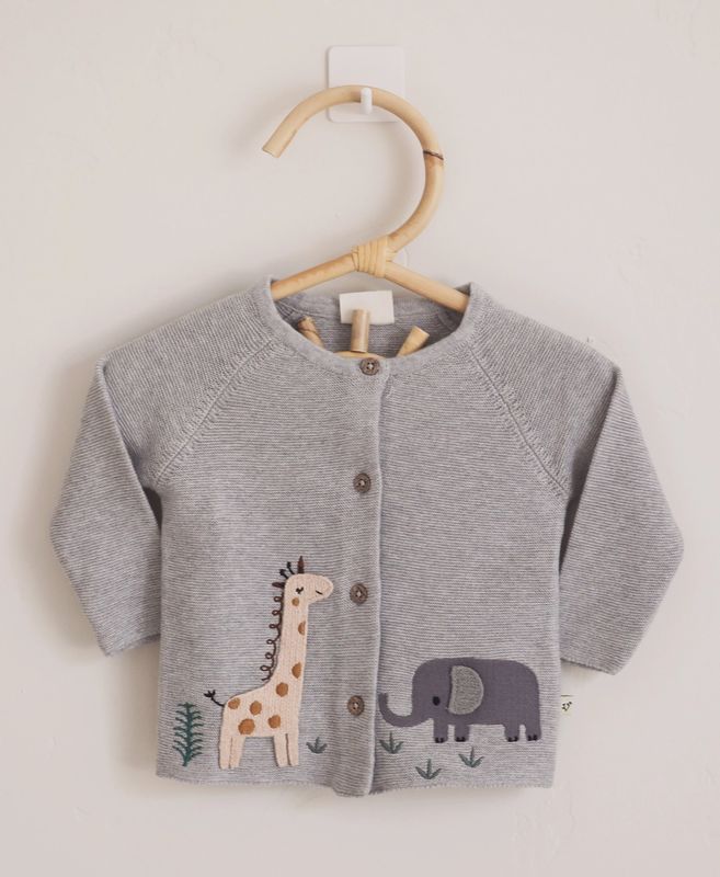 “Animal Safari Embroidered Baby Cardigan Sweater - Heather Grey