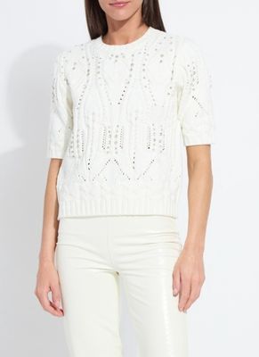 Lysse Hadley Cozy Short Slv Embellished Cable Sweater Snow White